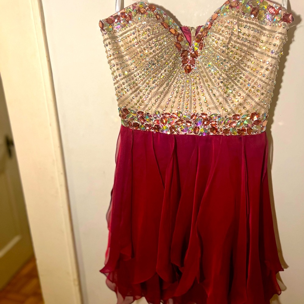 Beautiful Sherri Hill Cocktail Length Dress. Rich Ruby/Magenta Color, Size 4.